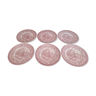 Lot de 6 assiettes à dessert en porcelaine anglaise décor champêtre rouge