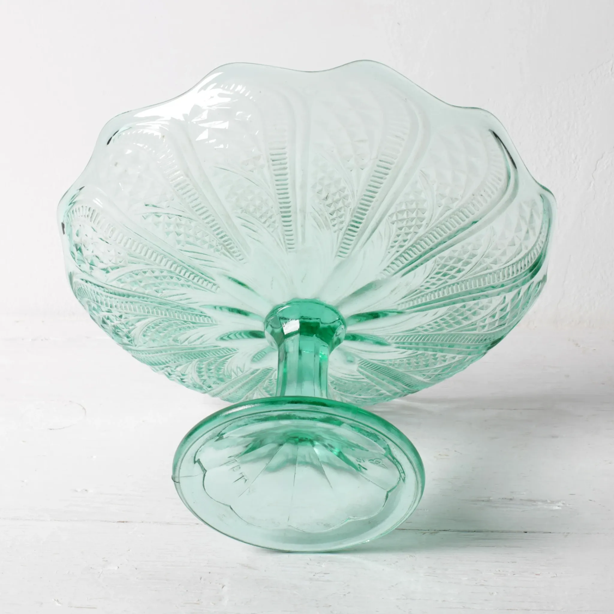 Pressed Glass Pedestal Bowl / Vintage Georgia Green Fruit Bowl / Ukraine /