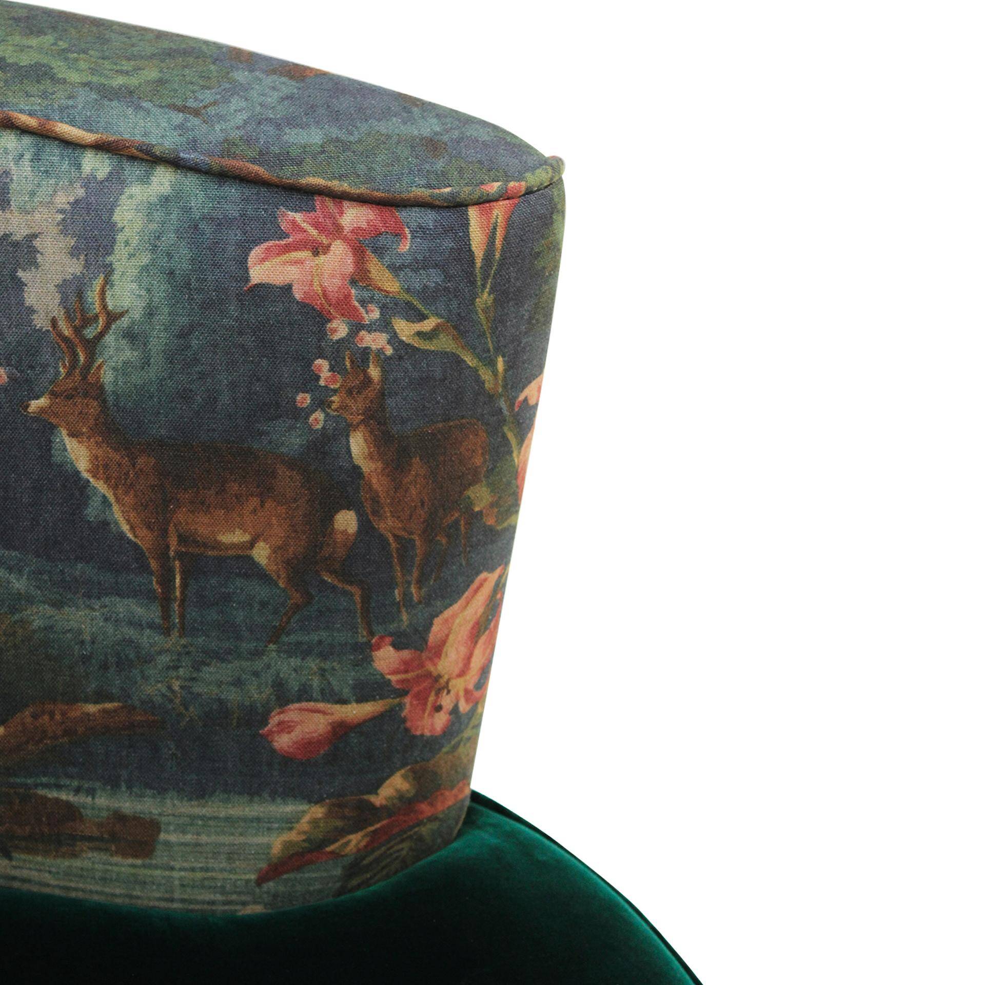 Modern Mid-Century Style Green and Forest Motif Linen and Velvet Armchair France