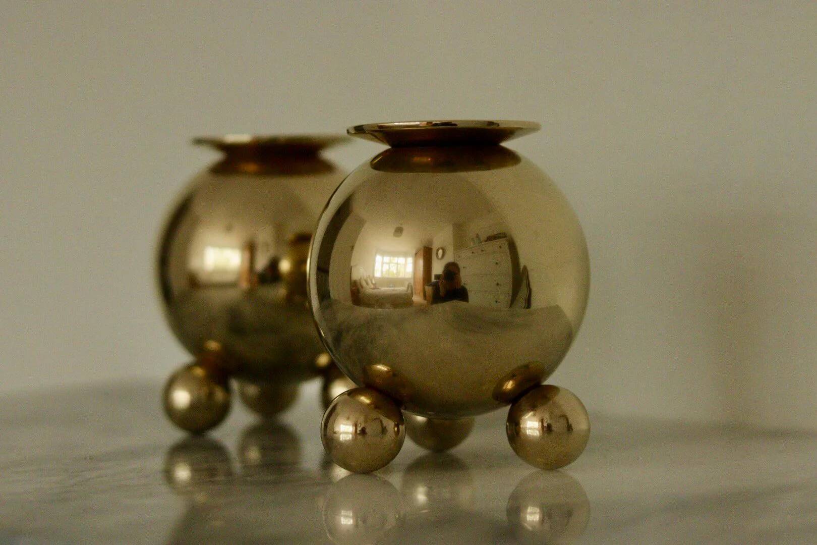 Pair of mid-century Swedish heavy brass candle holders
