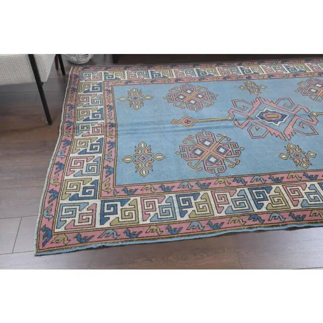 Vintage Turkish hand-knotted wool cotton blue area rug 170x259