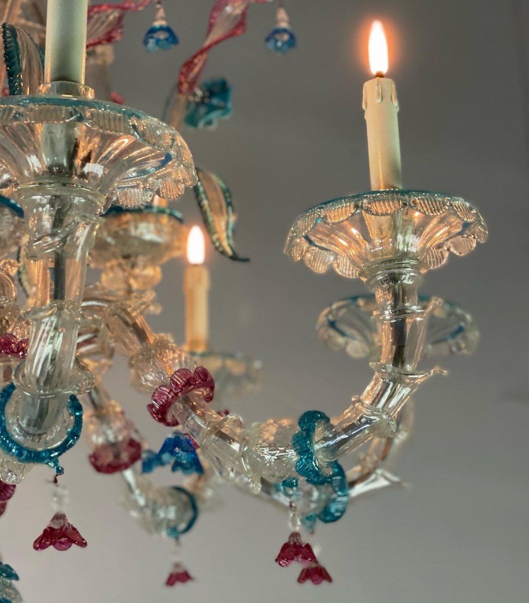Venetian chandelier Rezzonico in Murano glass, 9 arms of light circa 1920