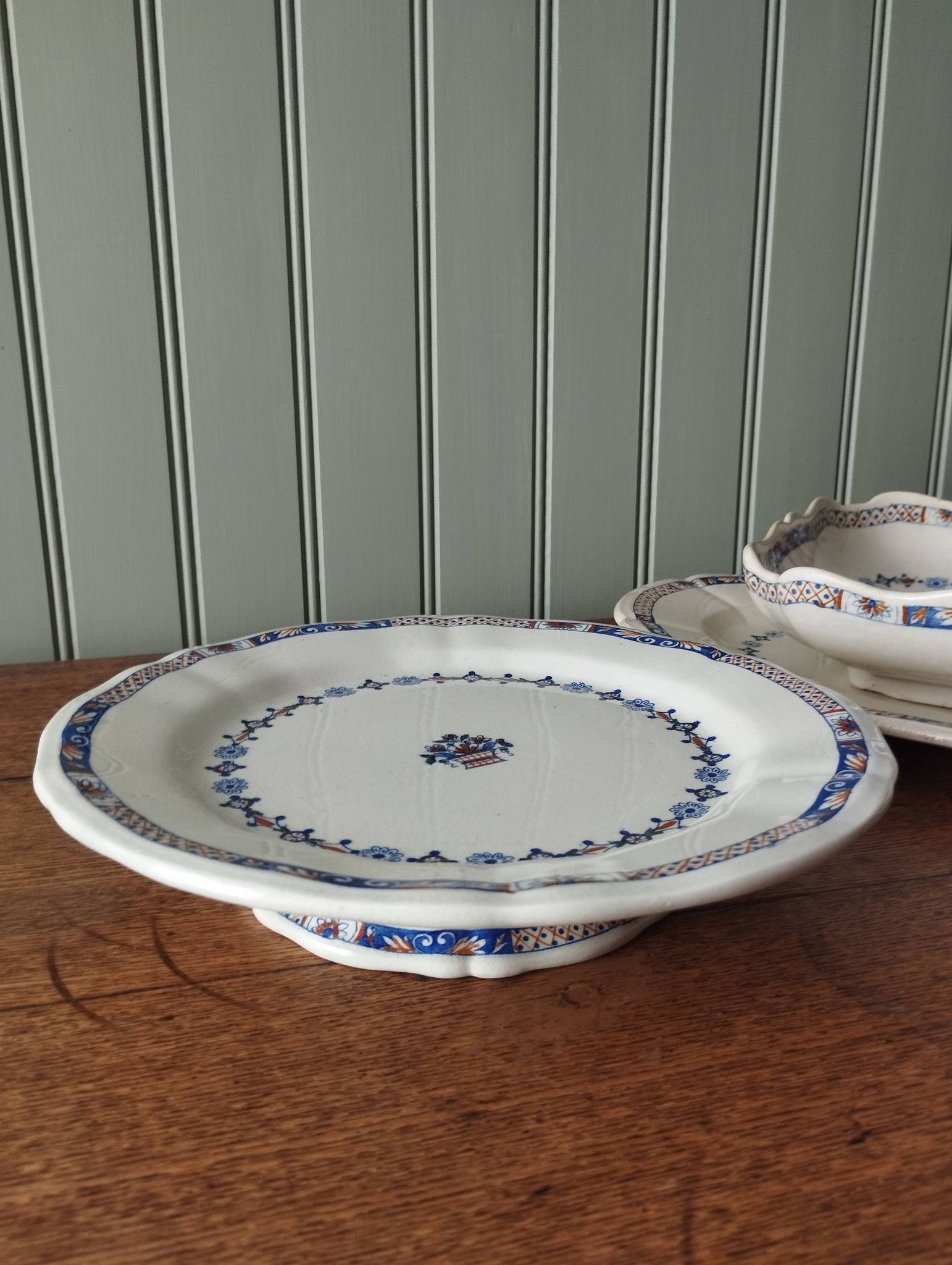 Old mounted plate, compotier in iron earthenware E. Bourgeois large deposit “Rouen XVIII”