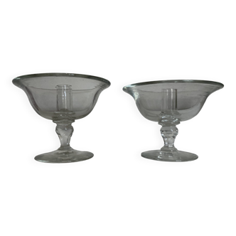 Pair of 19th century Medici glass candlesticks with button feet
