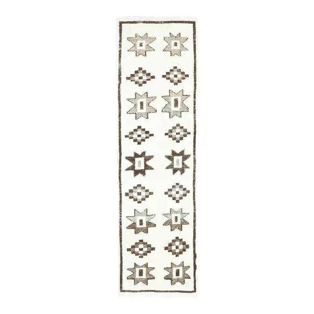 1970s Vintage Turkish Hand-Knotted Wool Cotton White Runner Rug 90X310