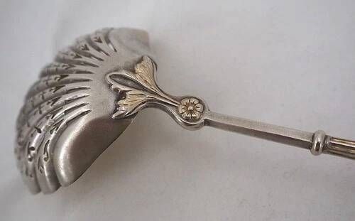 Puiforcat, sugar spoon, solid silver, Russian-style handle, vermeil.