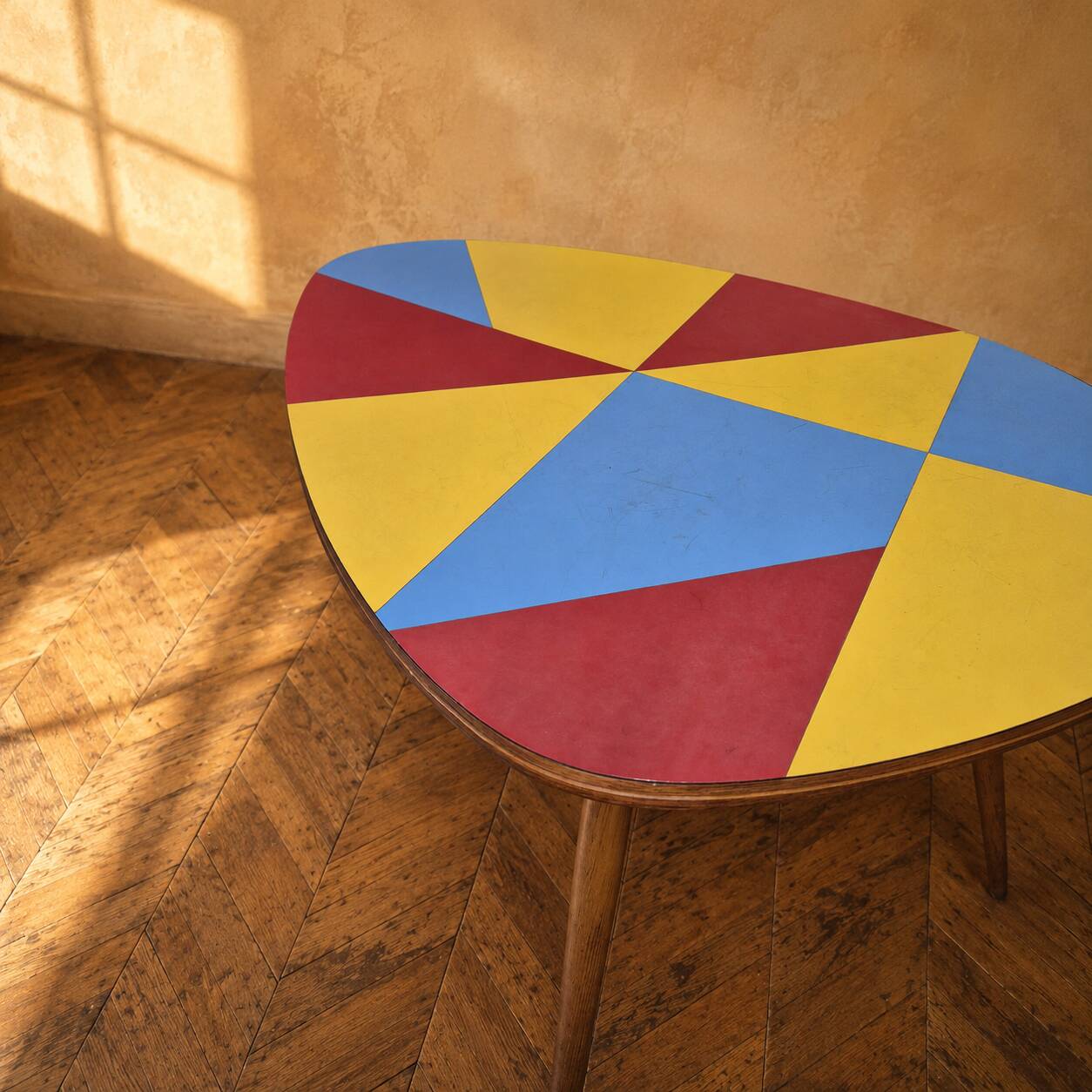 Czechoslovak table in Brussels style, made of oak and colourful umakart, 1950s.