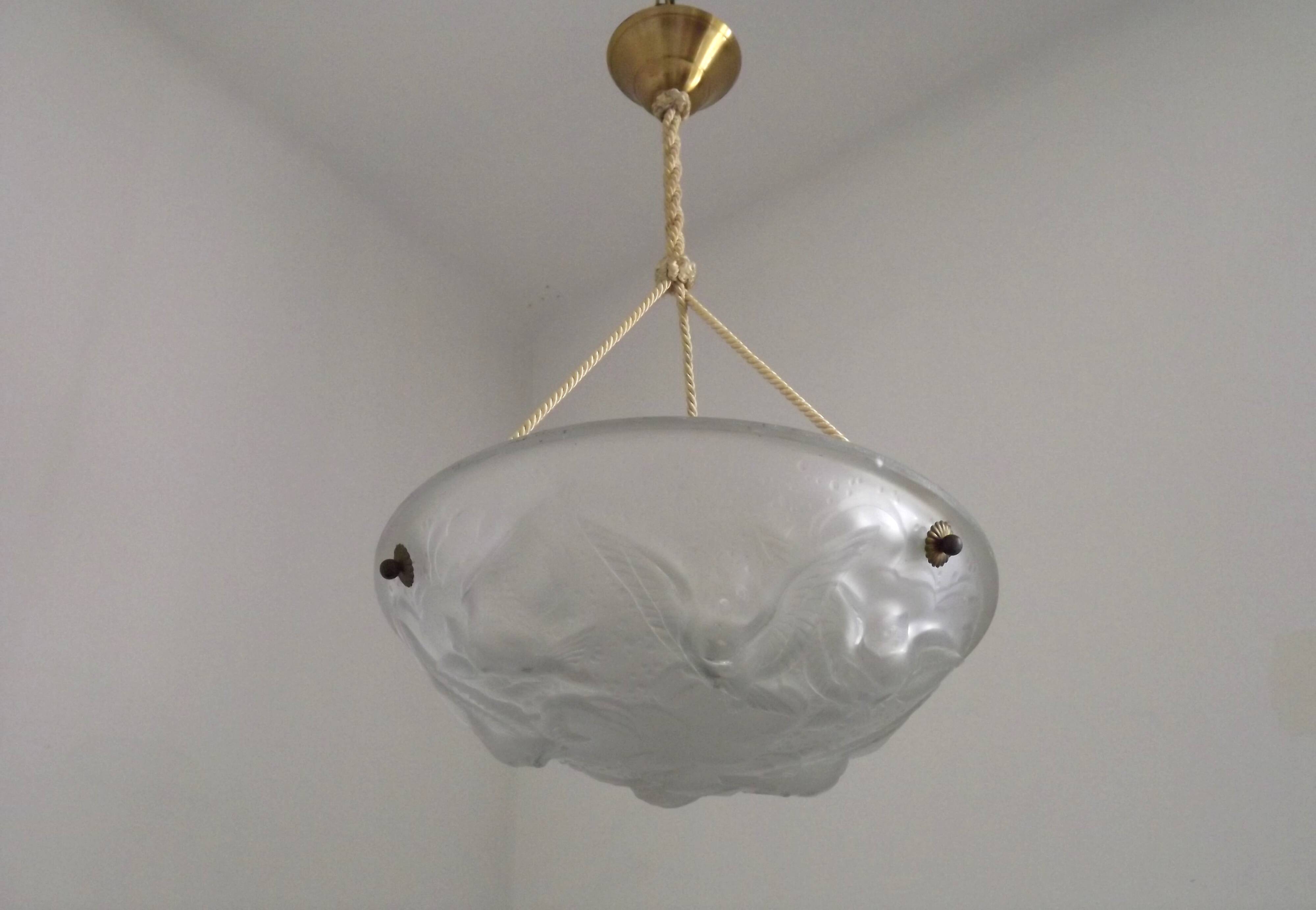 Signed Muller Frères Lunéville Art Deco Ceiling Light Flying Bird Detail