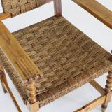 Ensemble de 2 fauteuils brutalistes espagnols en bois sculpté et tressé en jonc -