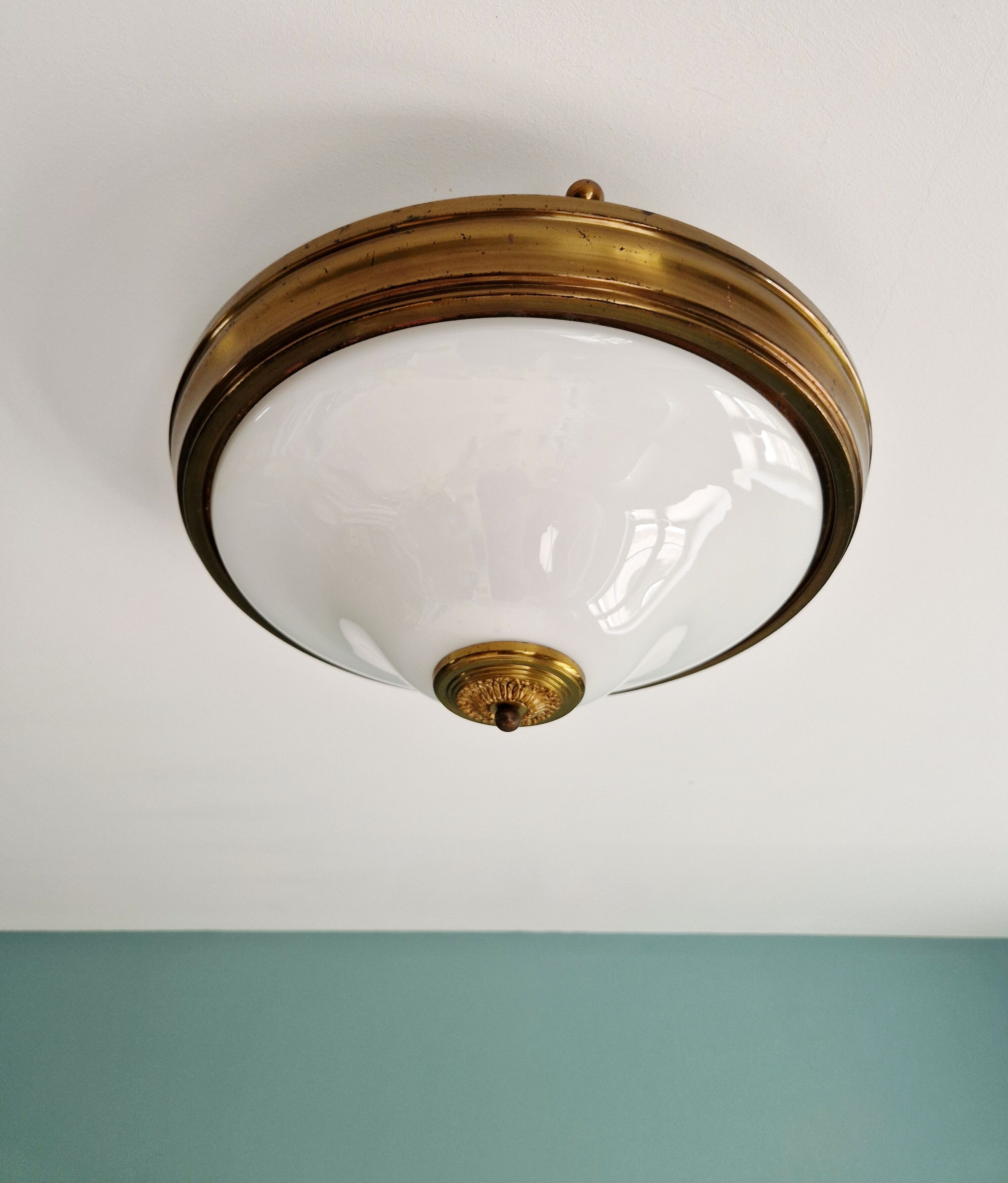 Mid-century ceiling light in brass and white opaline, 1950s