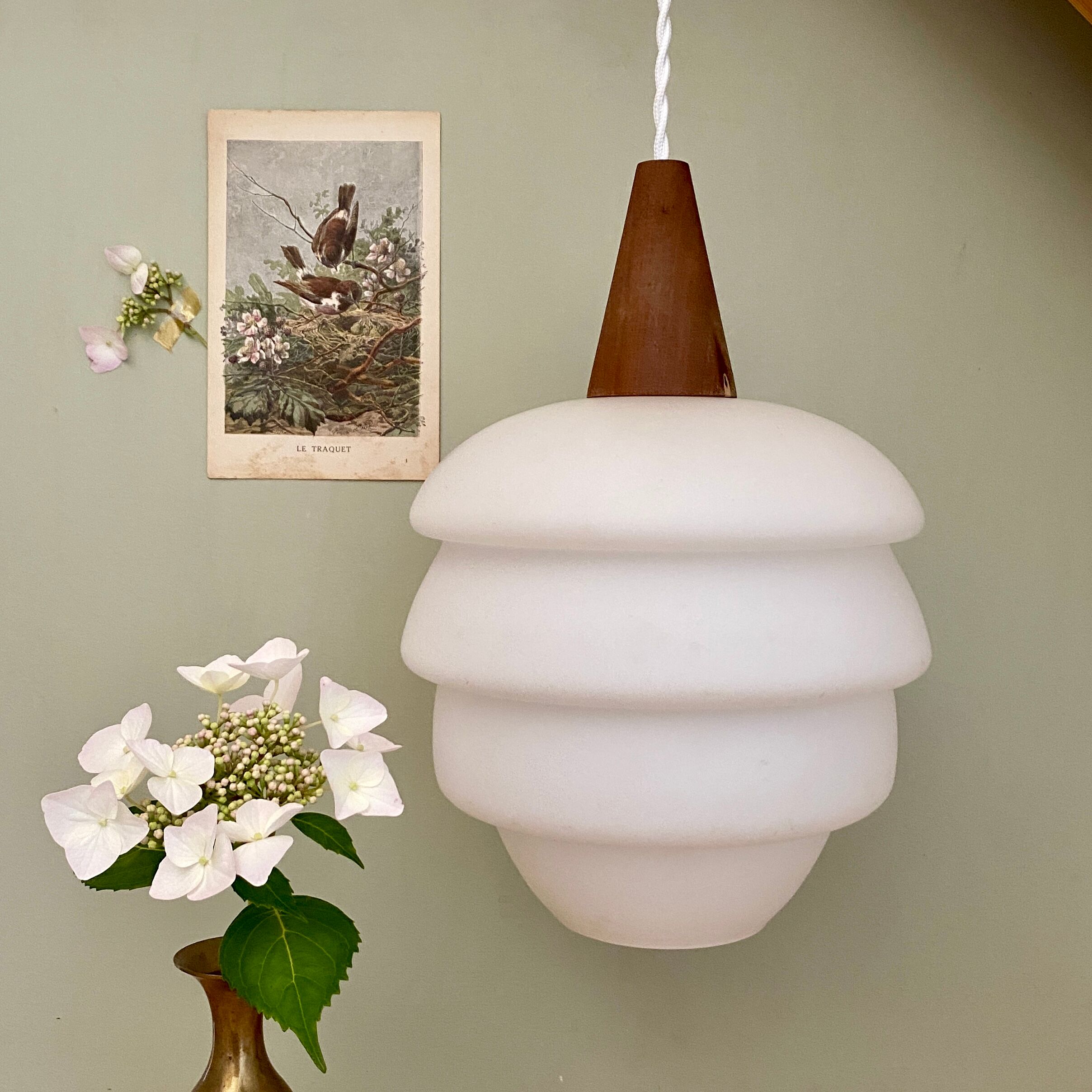 Vintage Scandinavian pendant lamp in teak and opaline