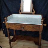 Table de toilette, coiffeuse ancienne en bois et marbre blanc