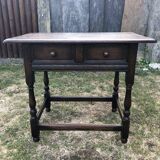 Vintage desk table in solid oak with 1 drawer facing turned legs with sleepers.