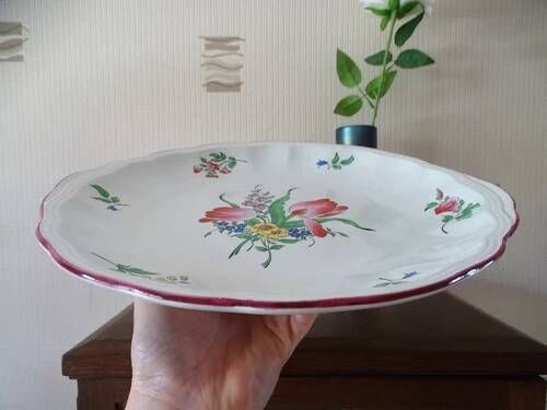 Kg luneville "street lamp" plate cake dessert earthenware hand-painted flowers ø 27 cm