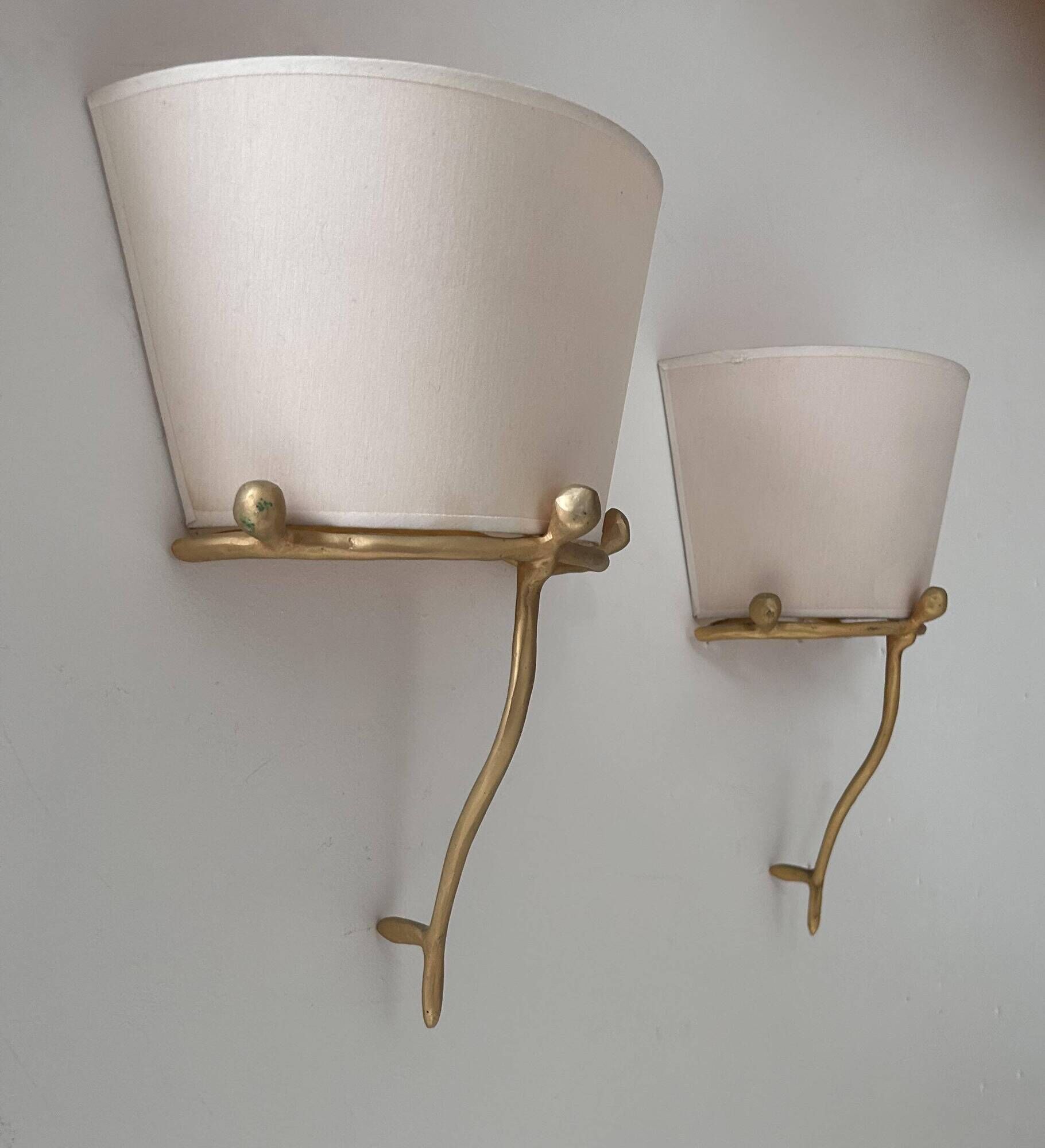 Pair of vintage wall lights, solid brass and ecru fabric, France 1980