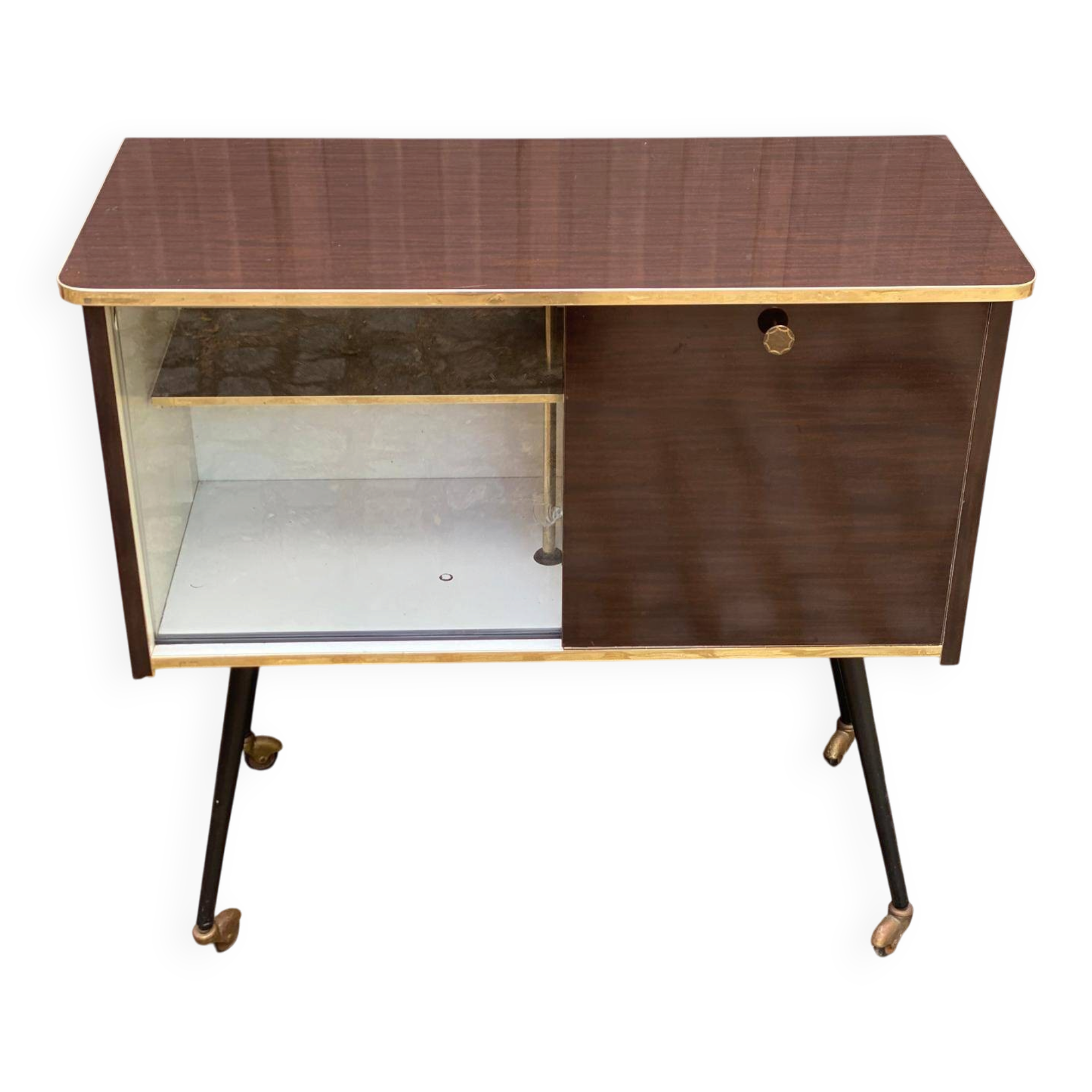 Mid-Century Modern bar cabinet 1960s with compass legs & brass