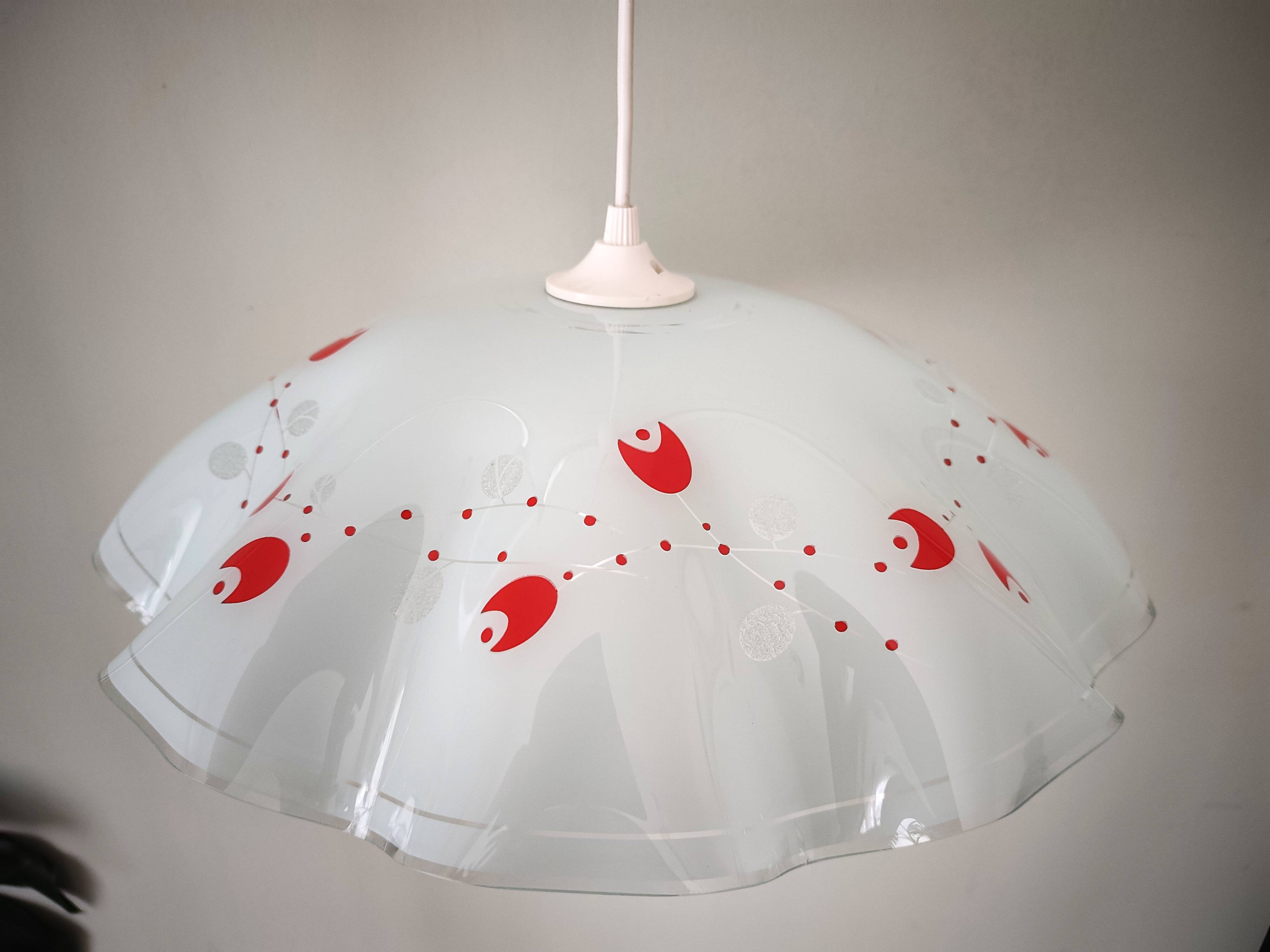 White opaline glass suspension with red and silver floral decoration.