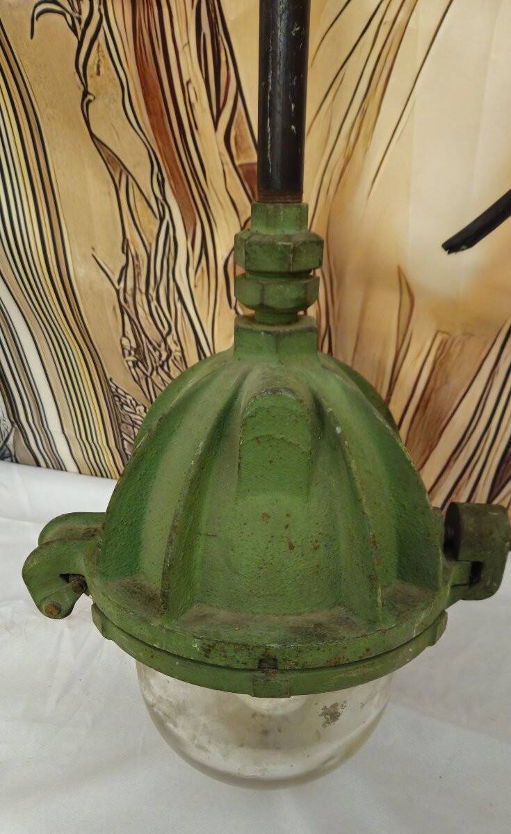 Old industrial cast iron lamp – workshop/factory light – glass