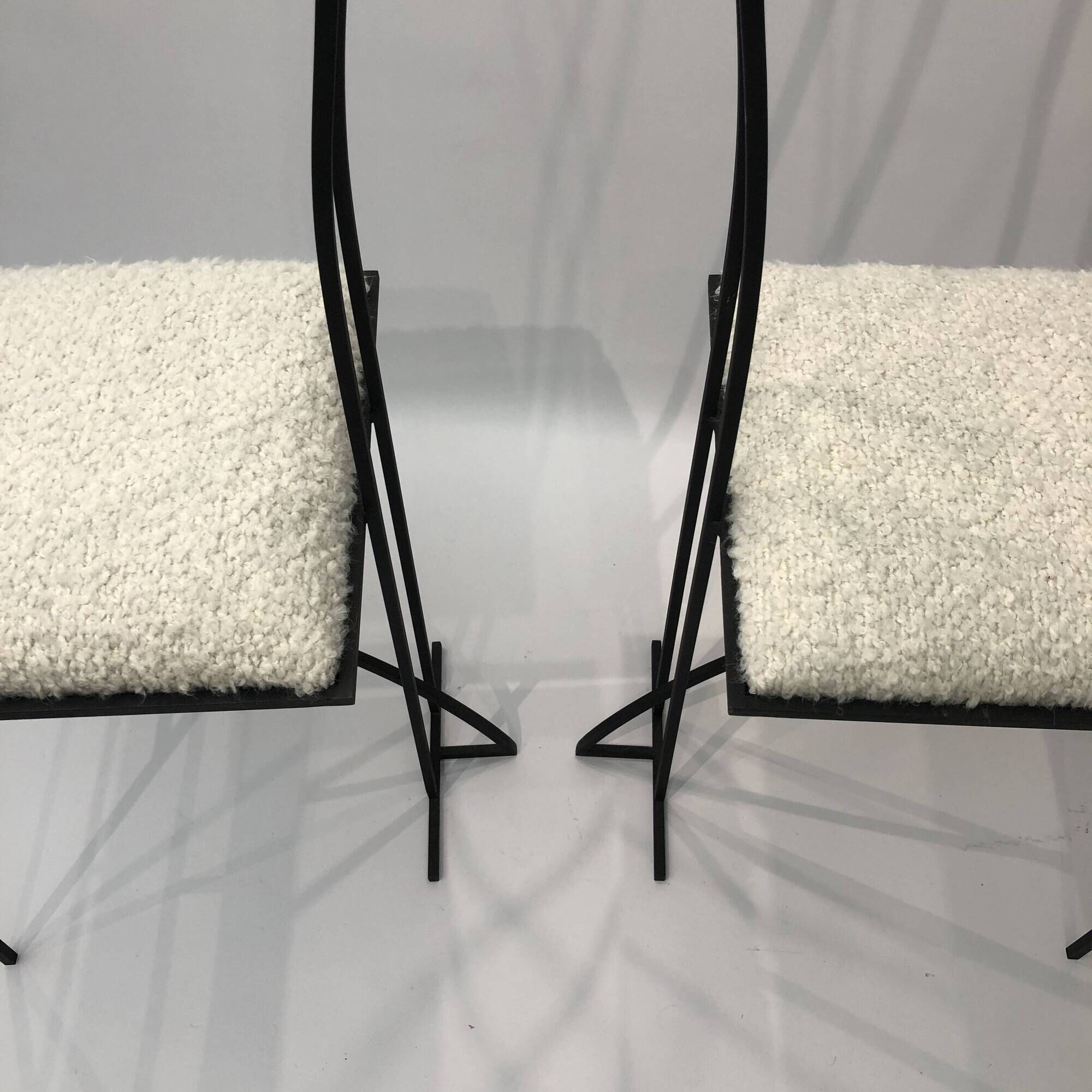 Pair of Postmodern High Back Black Metal Side Chairs in Boucle 1980s Vintage 70s
