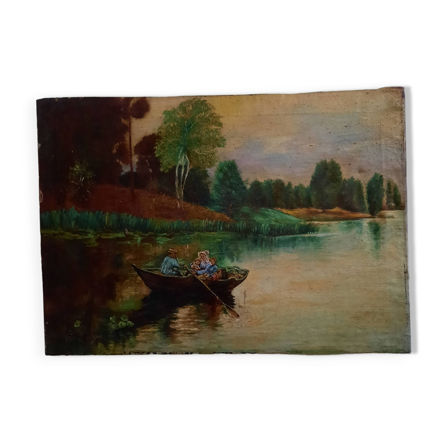 Huile sur toile "Promenade en barque"
