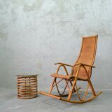 Mid-century bamboo and brass rocking chair and side table from fm, 1950s, set of 2.