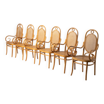 Ensemble de 6 chaises longues à bras No. 17 en bois cintré par Michael Thonet, Pologne
