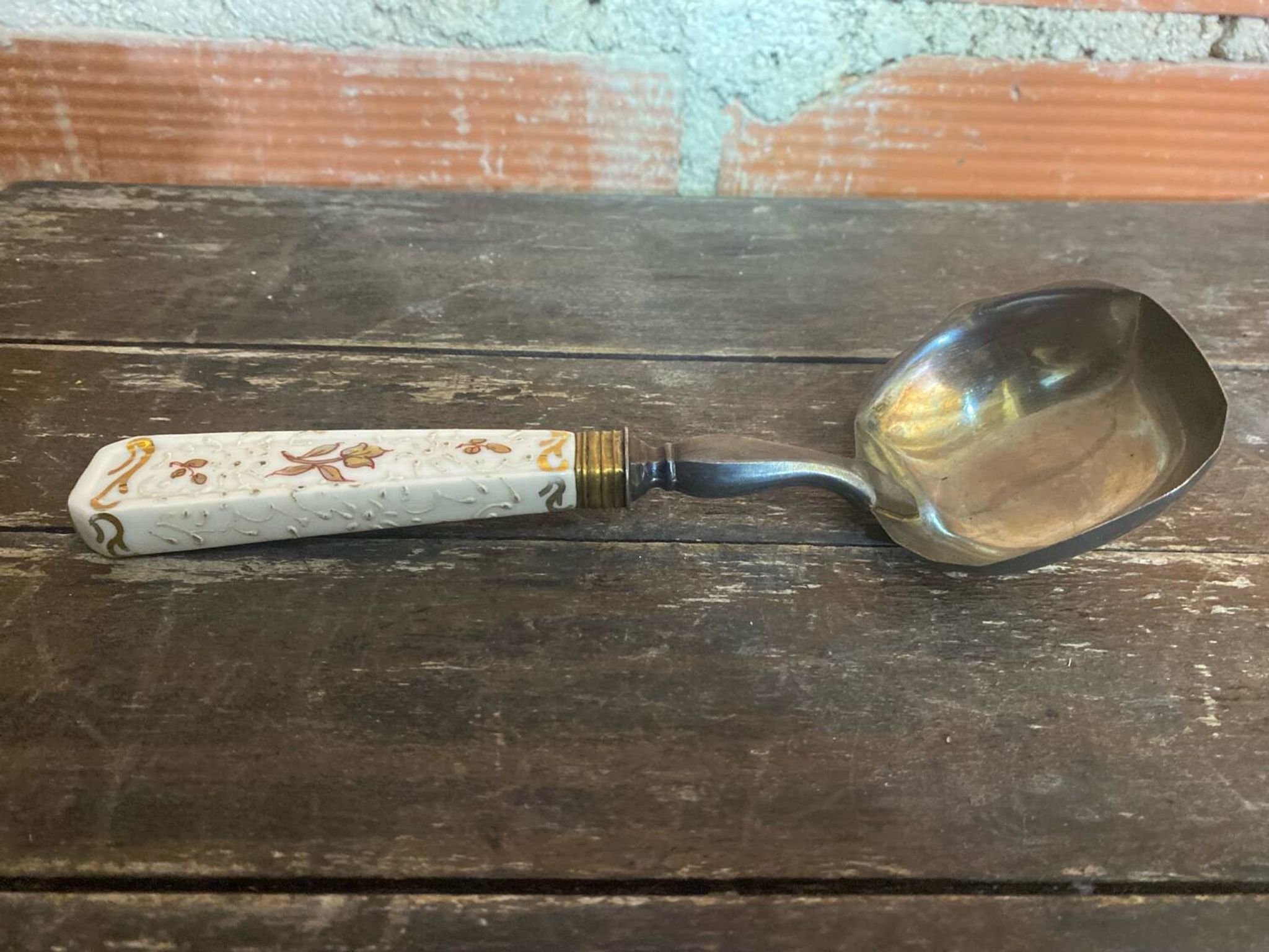 Old Silver-Plated Metal Serving Spoon + Porcelain Handle