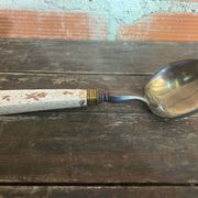 Old Silver-Plated Metal Serving Spoon + Porcelain Handle