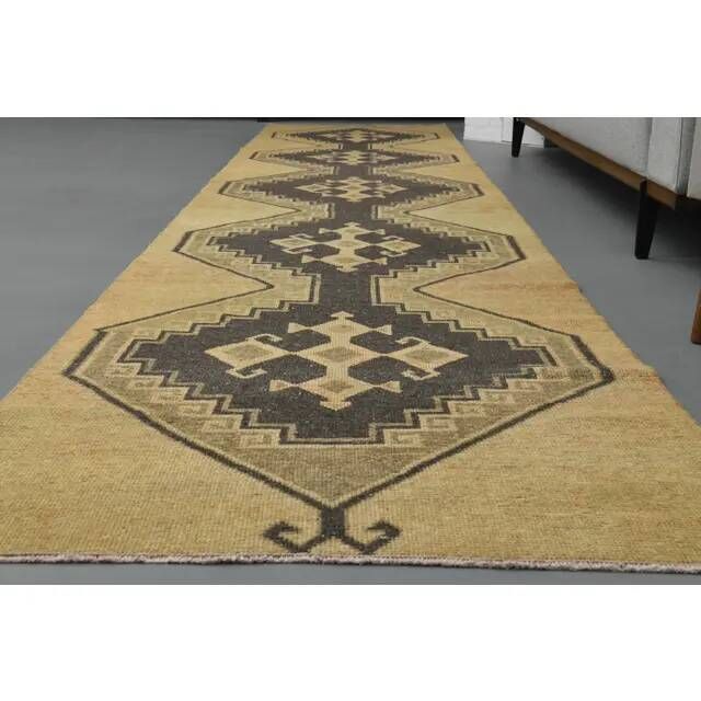 Vintage Turkish Hand-Knotted Wool Cotton Brass Runner Rug 95x432