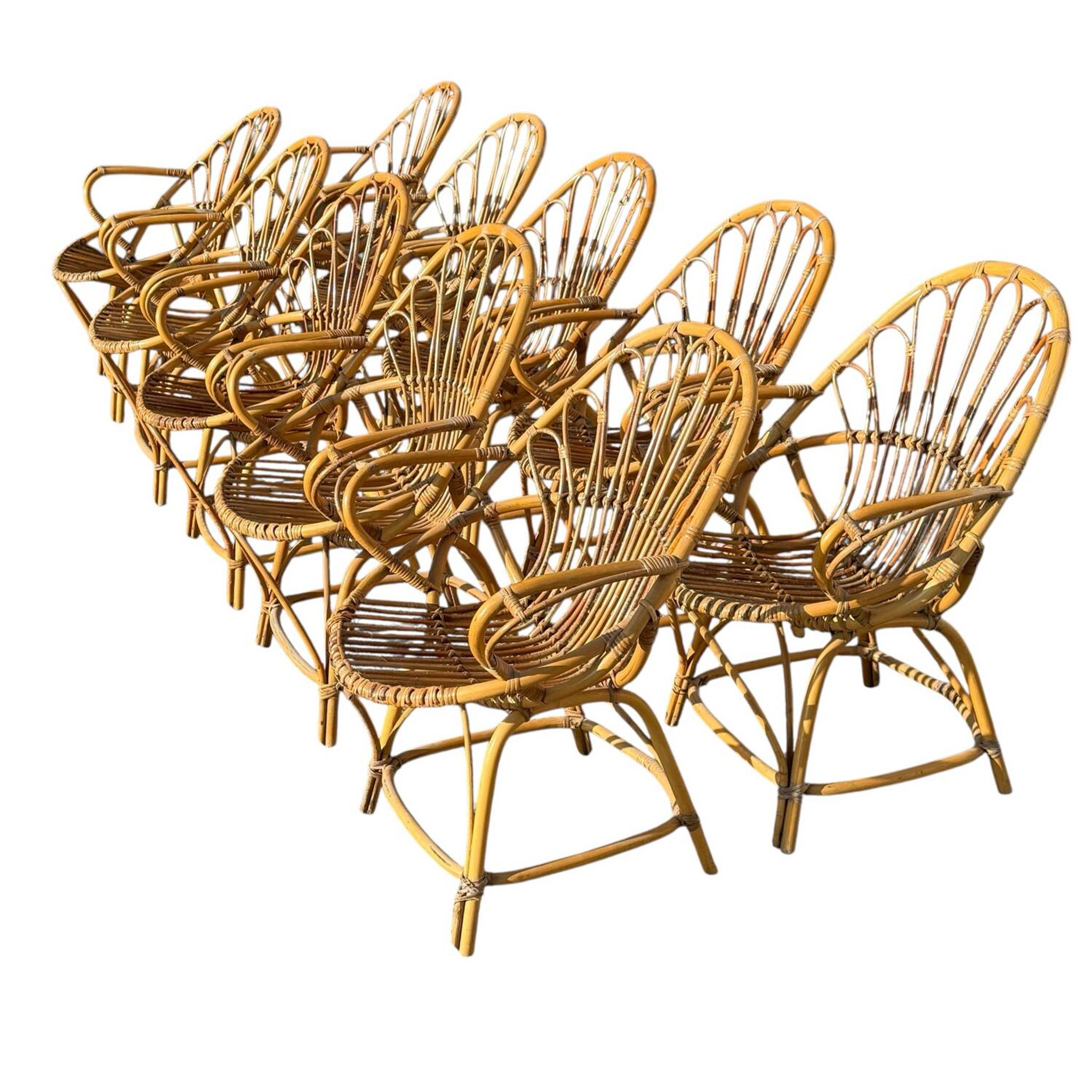 Set of 10 rattan armchairs from the 1960s, France.
