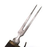 Fish knife and fork with a wooden and brass sheath sculpture.