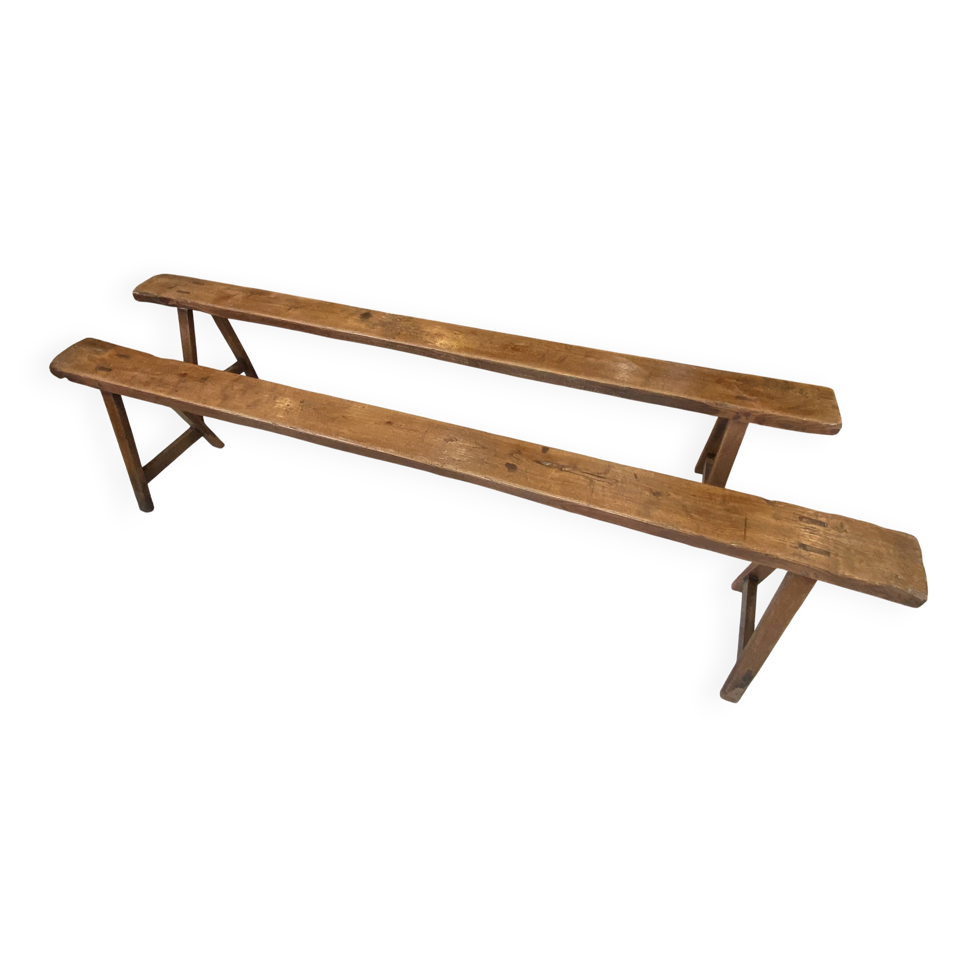 Pair of solid oak farmhouse benches 214cm for rustic table 1950