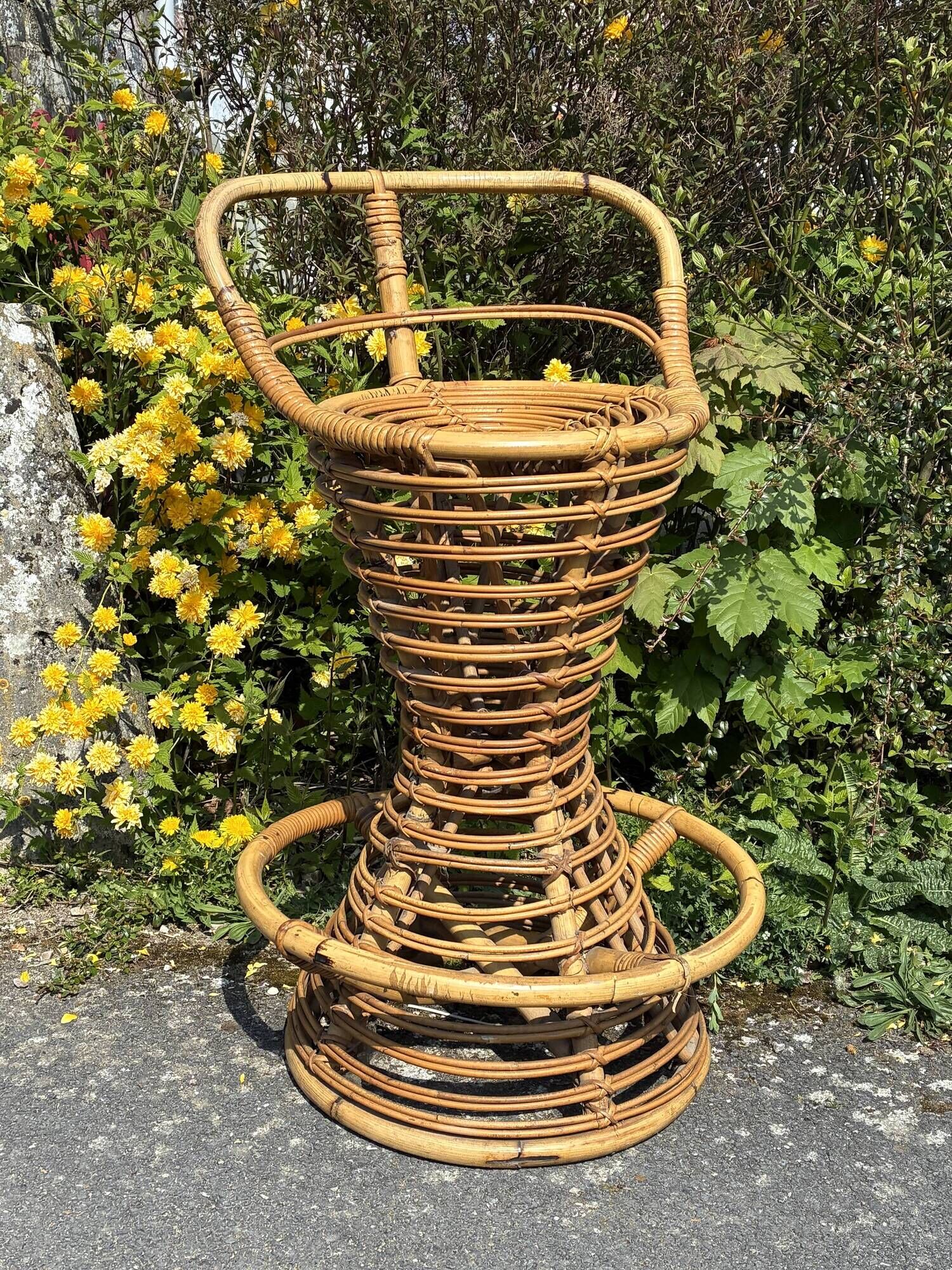 Bamboo and rattan stool in the style of Tito Agnoli.
