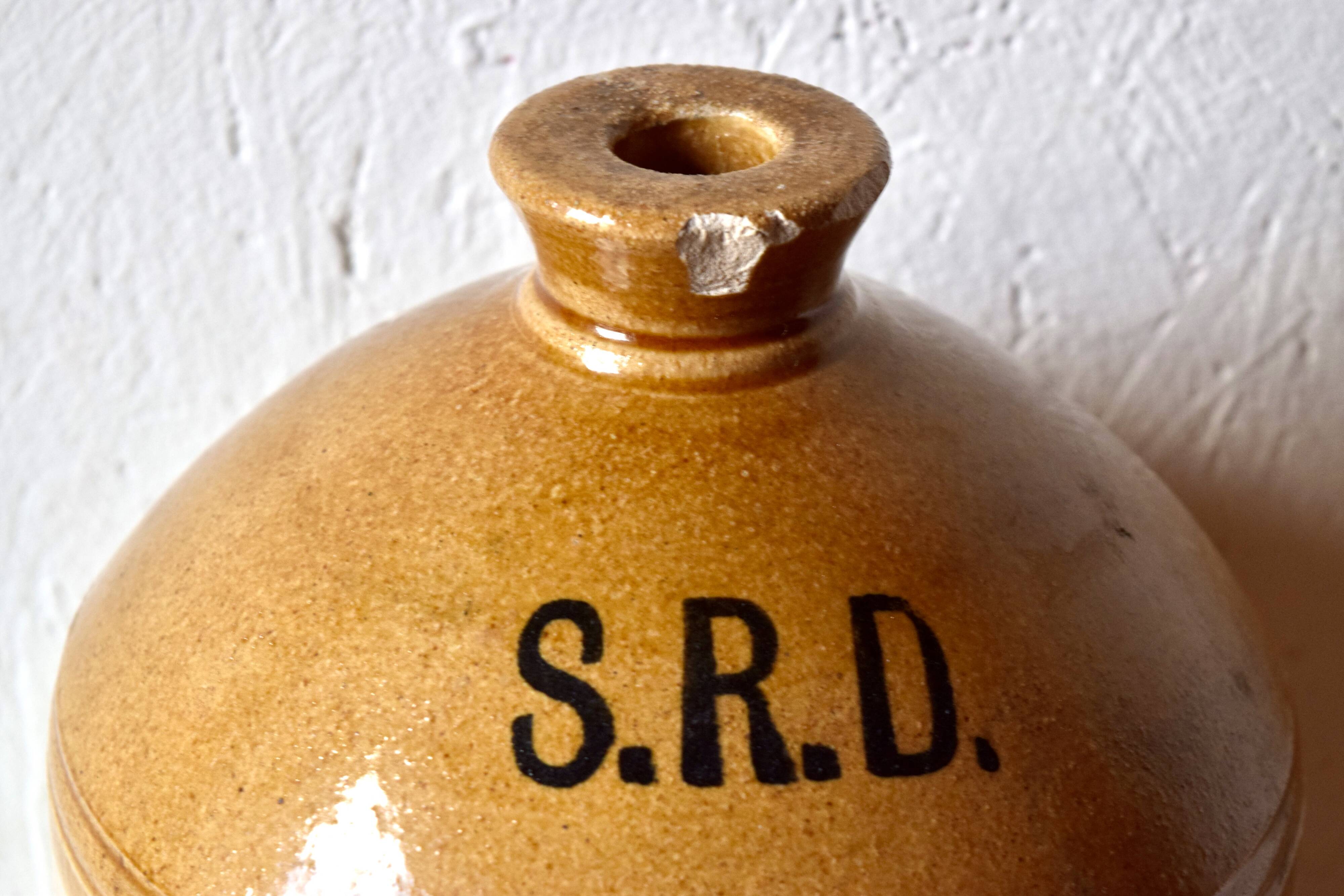 Antique British glazed stoneware rum jar SRD - Normandy - 1940s.