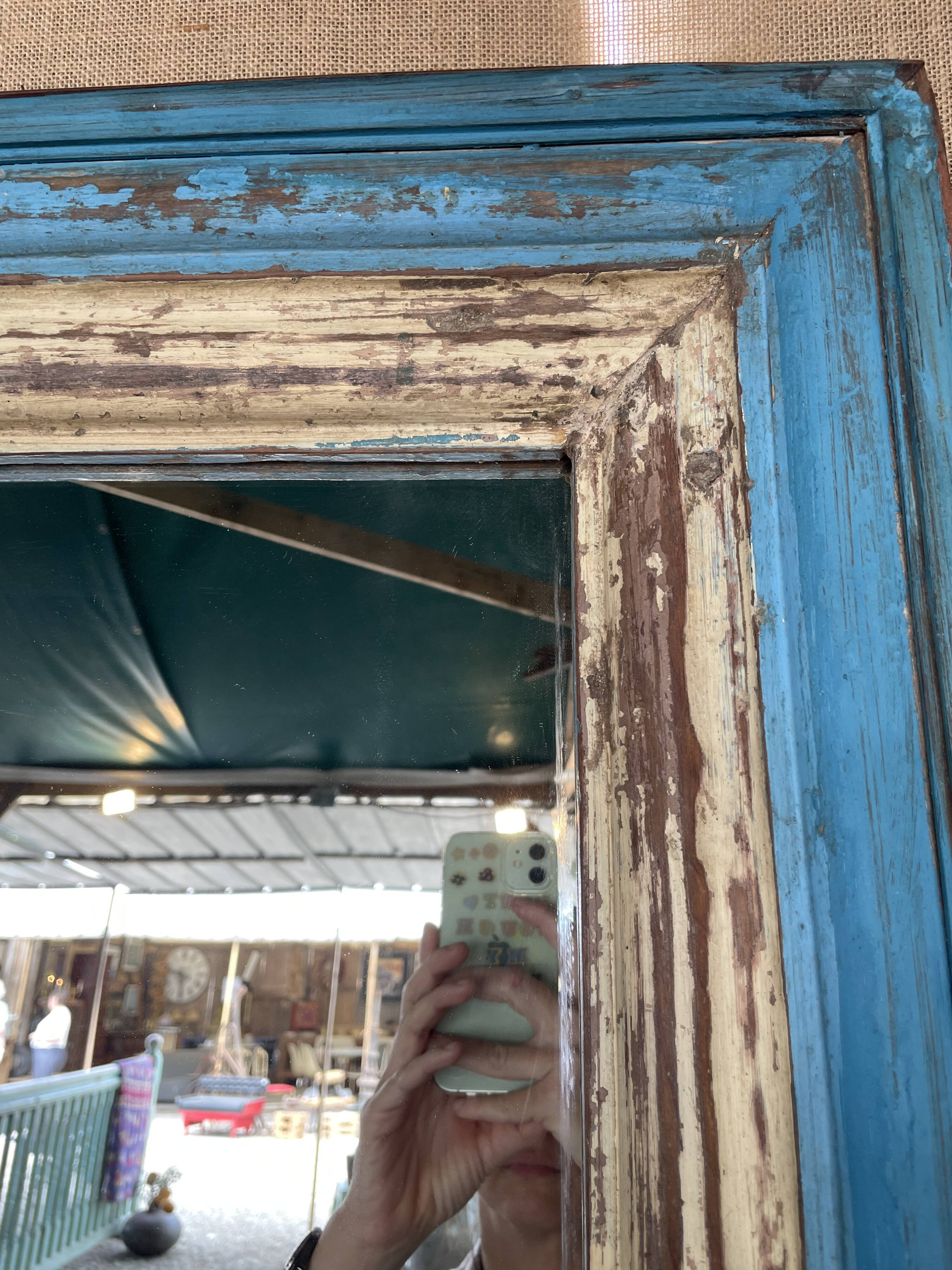 Large beige and blue teak mirror