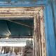 Large beige and blue teak mirror