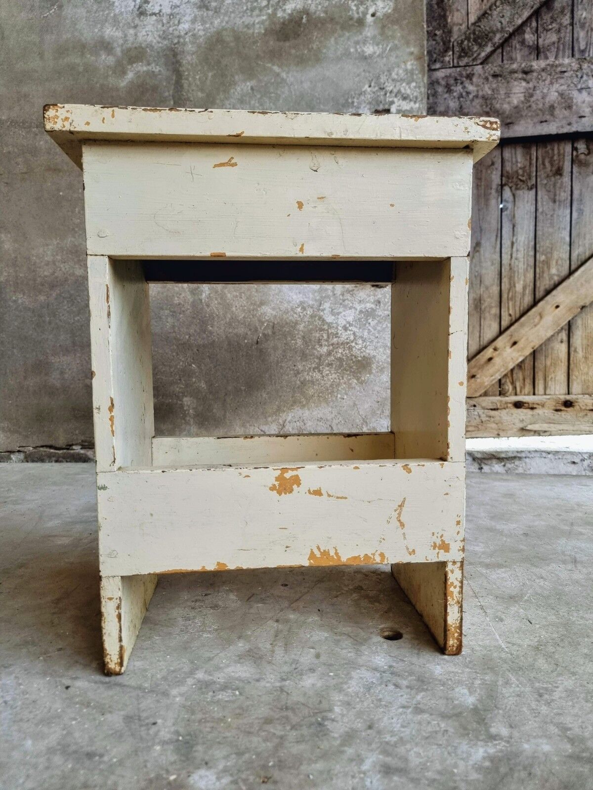 Vintage wooden stool side table creamy white