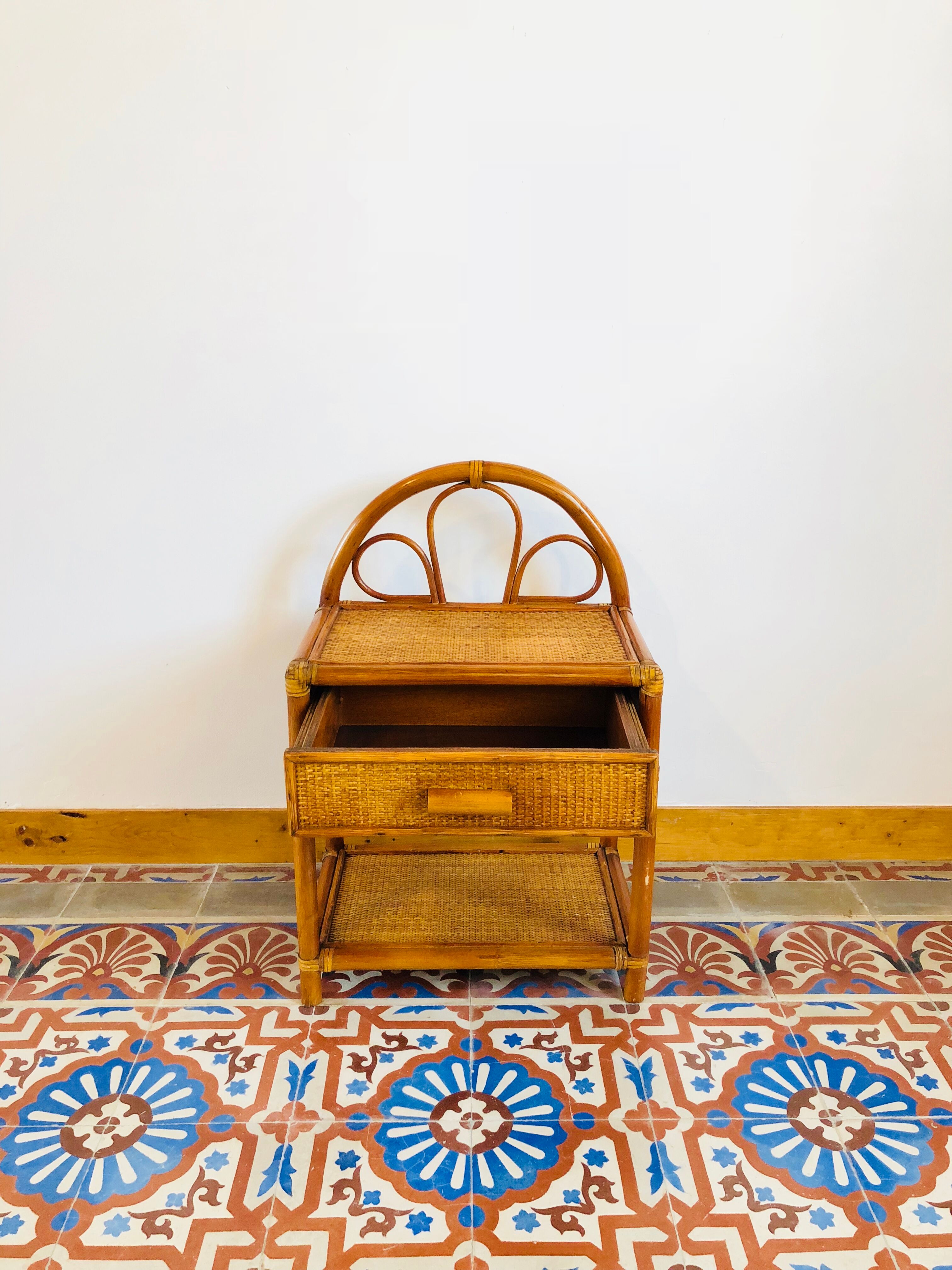Pair of bamboo and rattan bedside tables