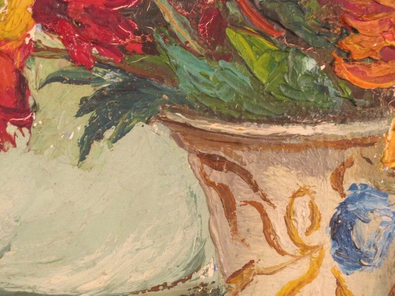 Painting oil flowers signed Alphonsine artist bouquet side