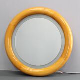 1970s Italian Round Mirror in Wooden Frame with Light