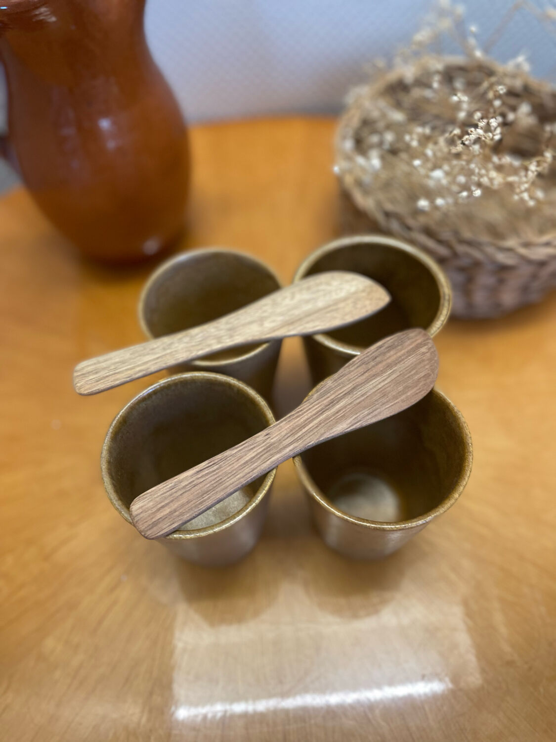 Set of 4 Digoin stoneware cups, glasses and wooden spoons