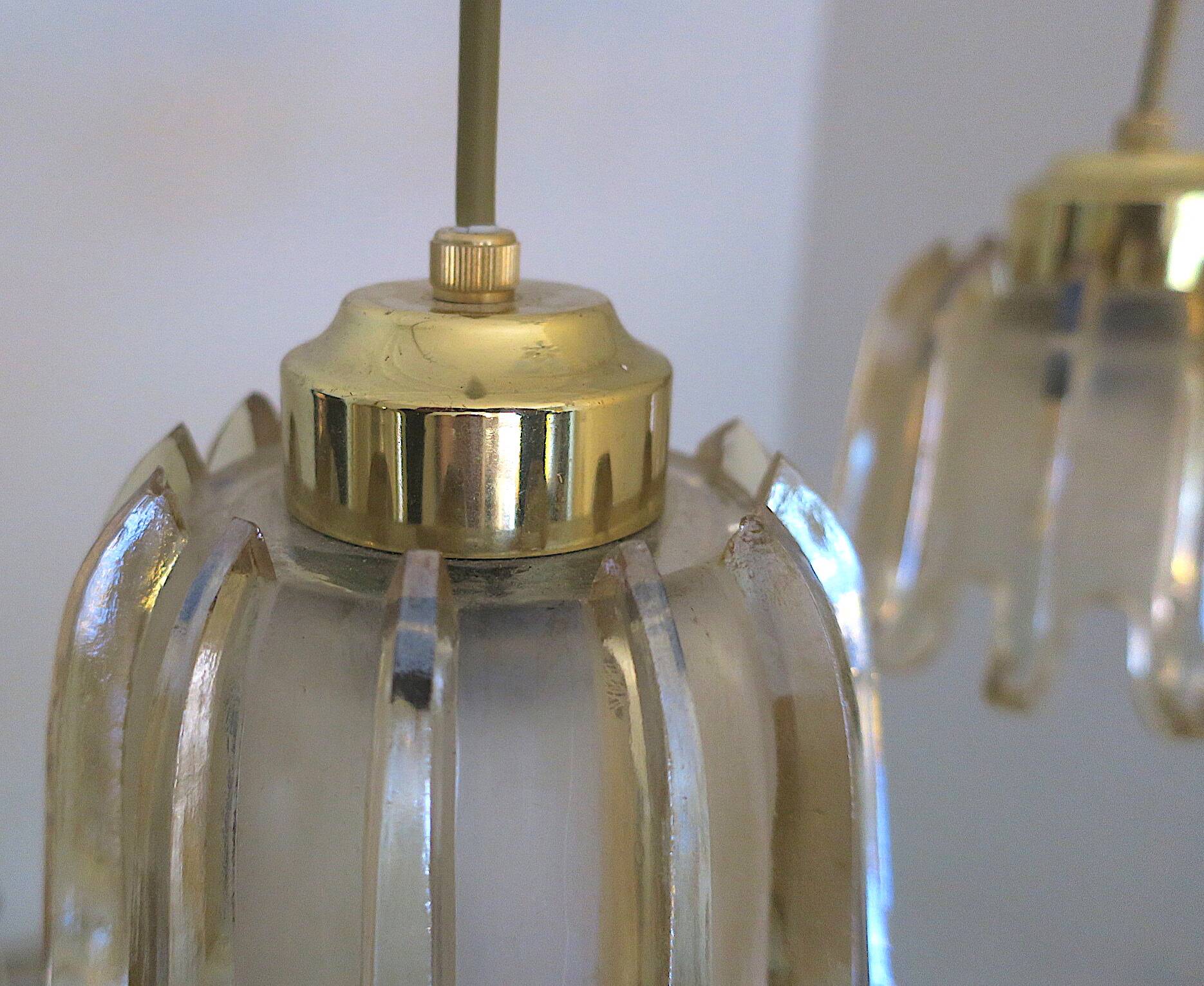 Set of 5 Doria  pendant lights in brass and amber-coloured glass, 1960s