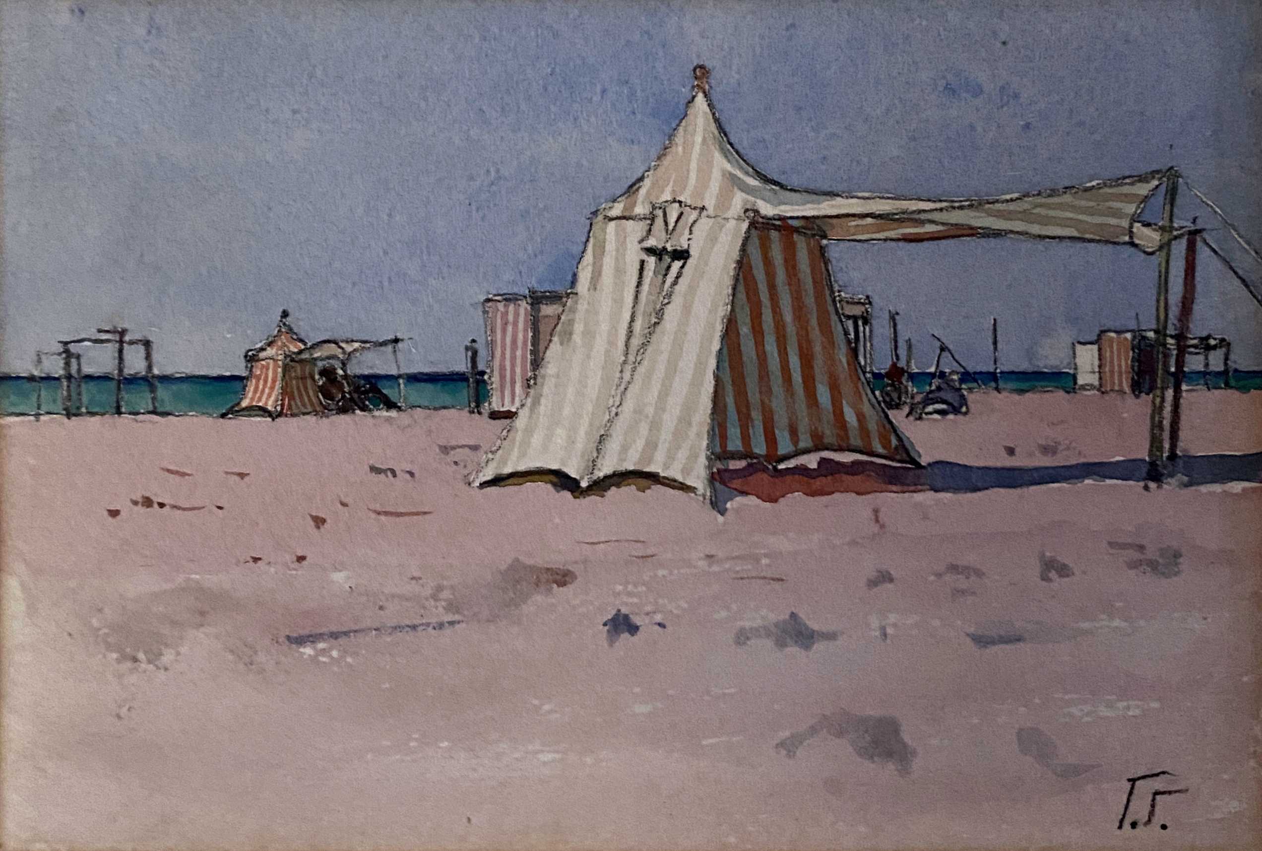 Watercolor Painting Seaside Normandy Beach? monogram 1957