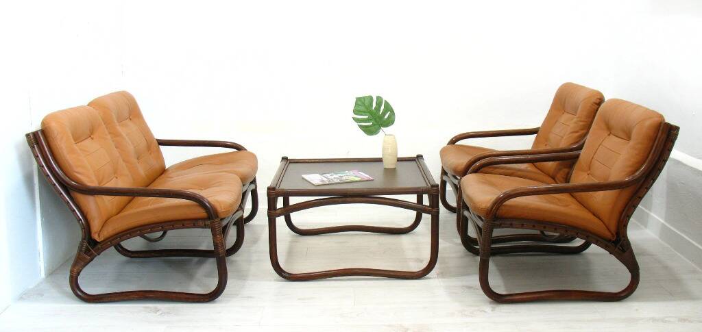 Italian Bamboo, Rattan, and Leather Living Room Set, 1970s