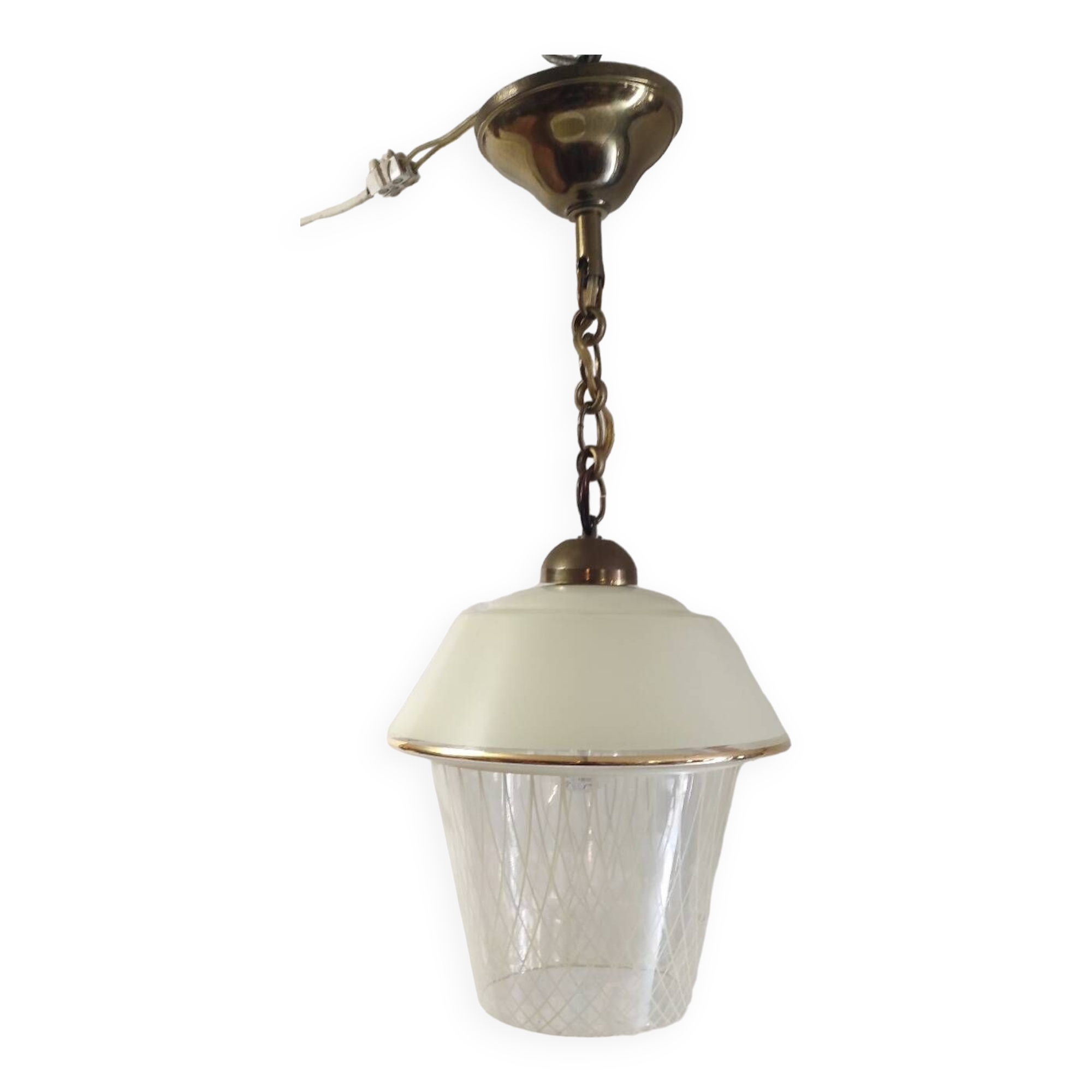 Vintage pendant light in glass and gold metal - 1960s