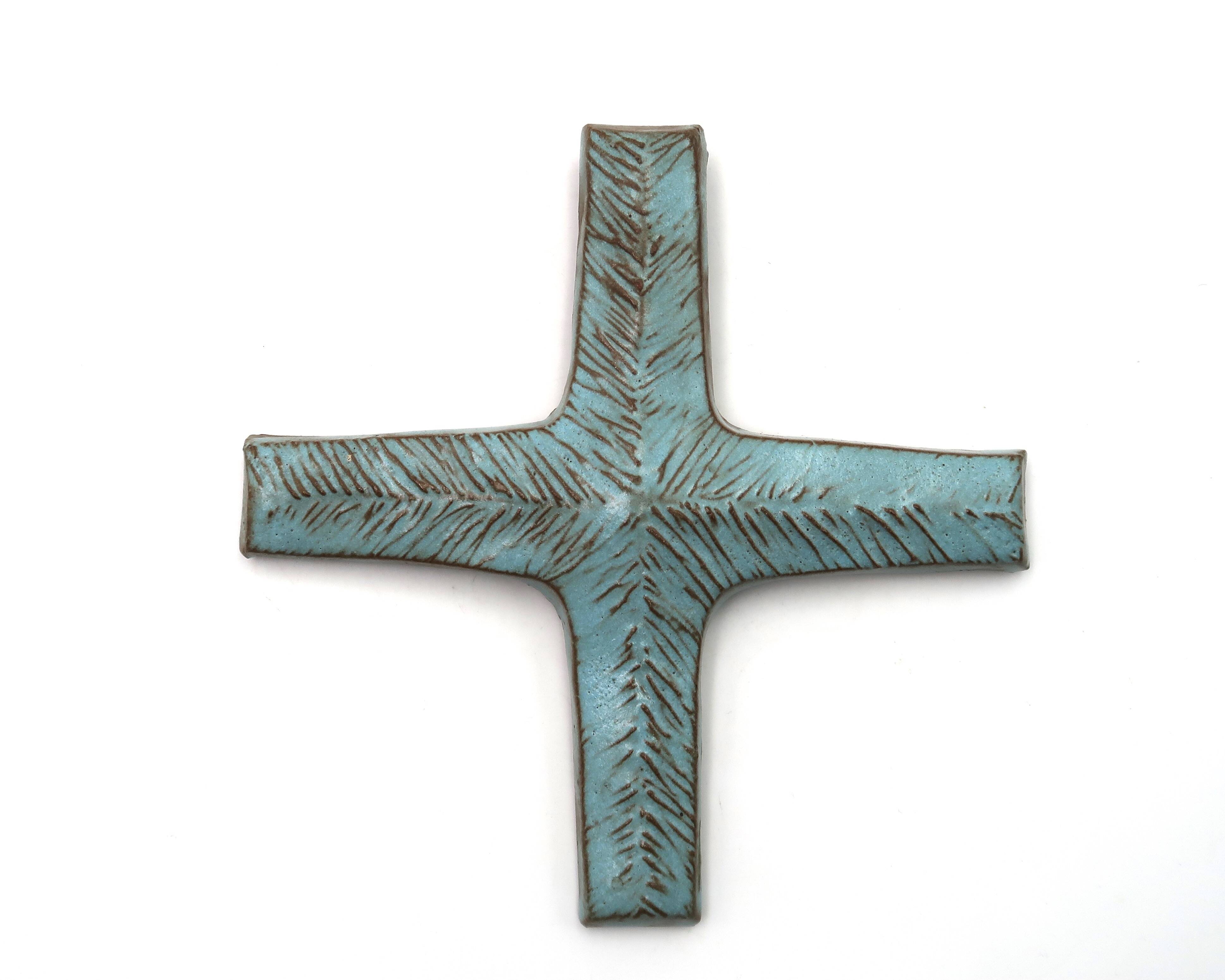 Pale blue ceramic wall cross signed Amphora, 1970s.