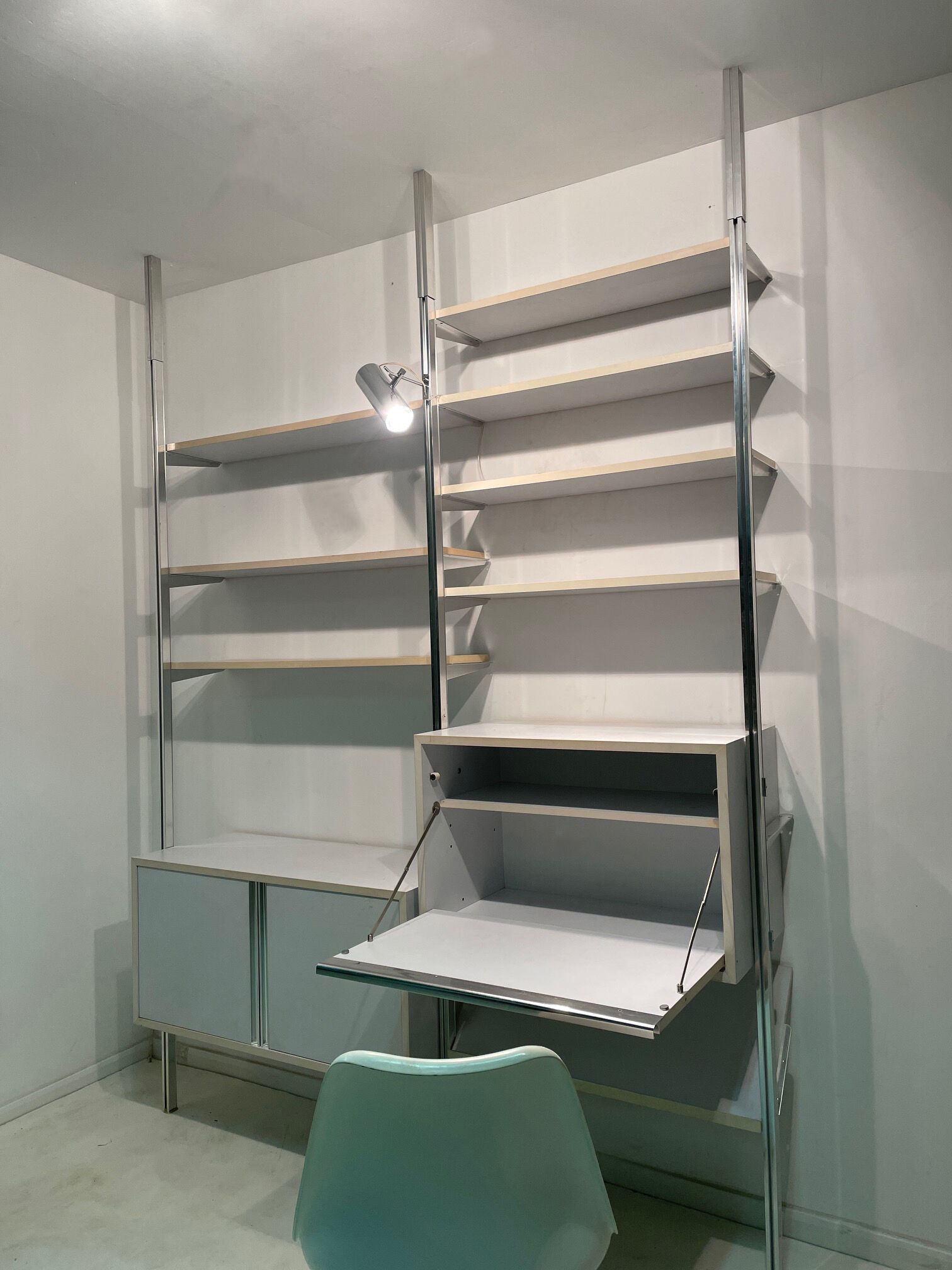 Modular floor/ceiling library with sideboard and secretary