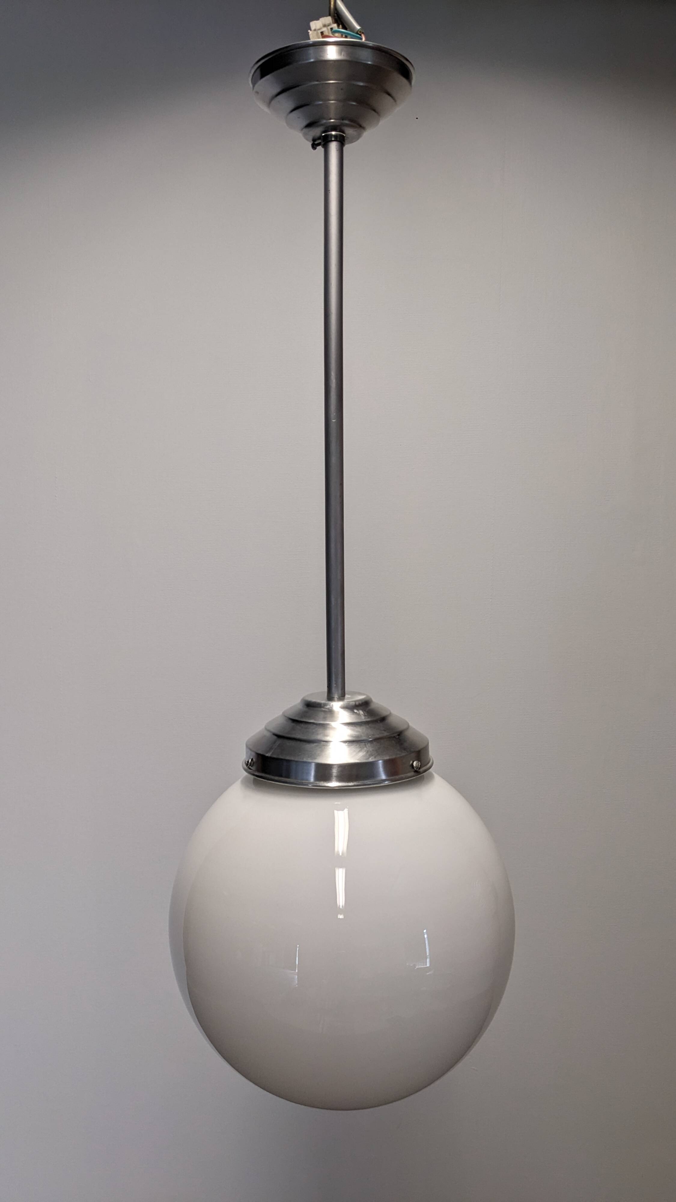 XL Art Deco white opaline suspension light, France circa 1920.