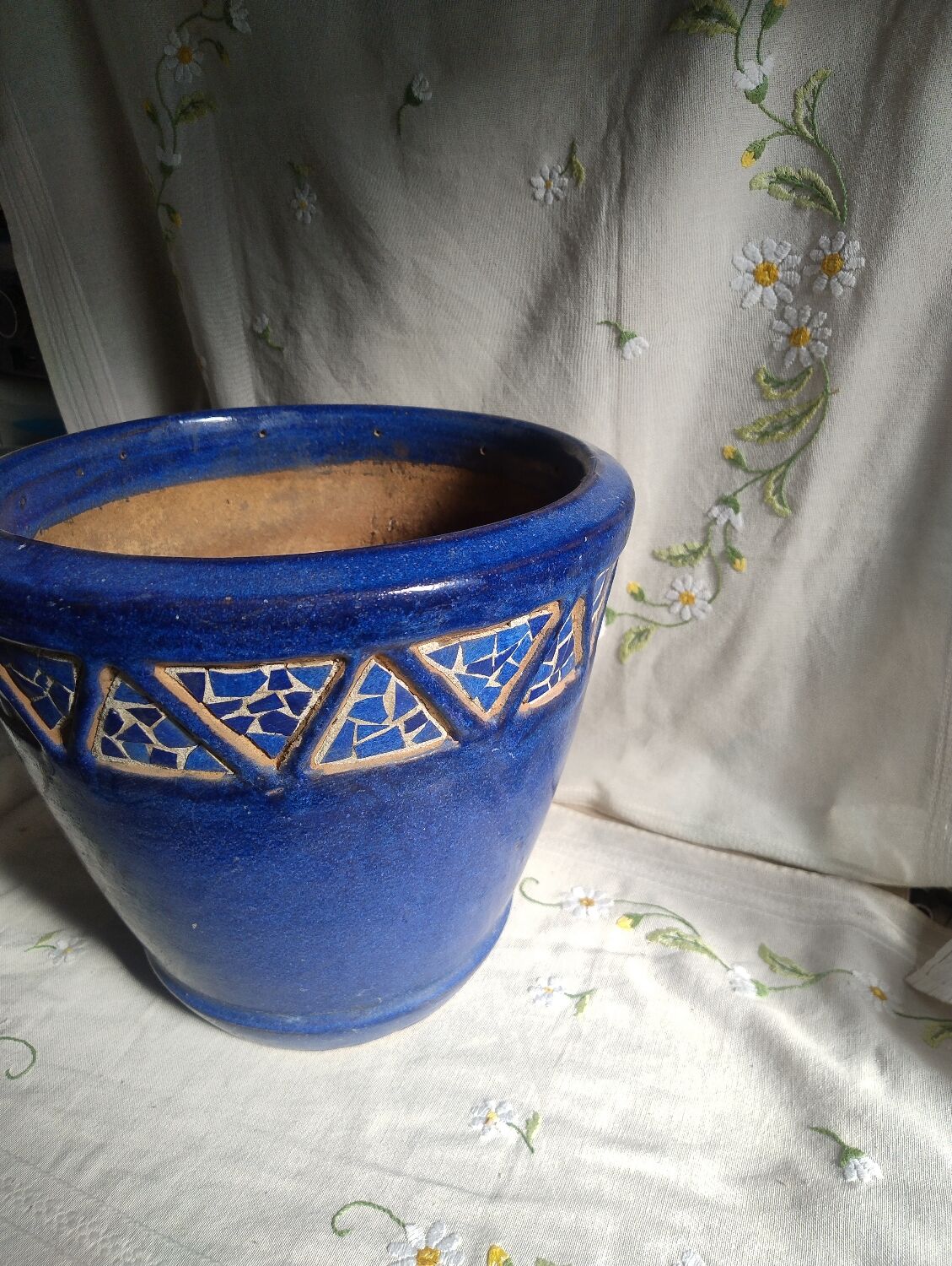 Blue ceramic planter with mosaic frieze