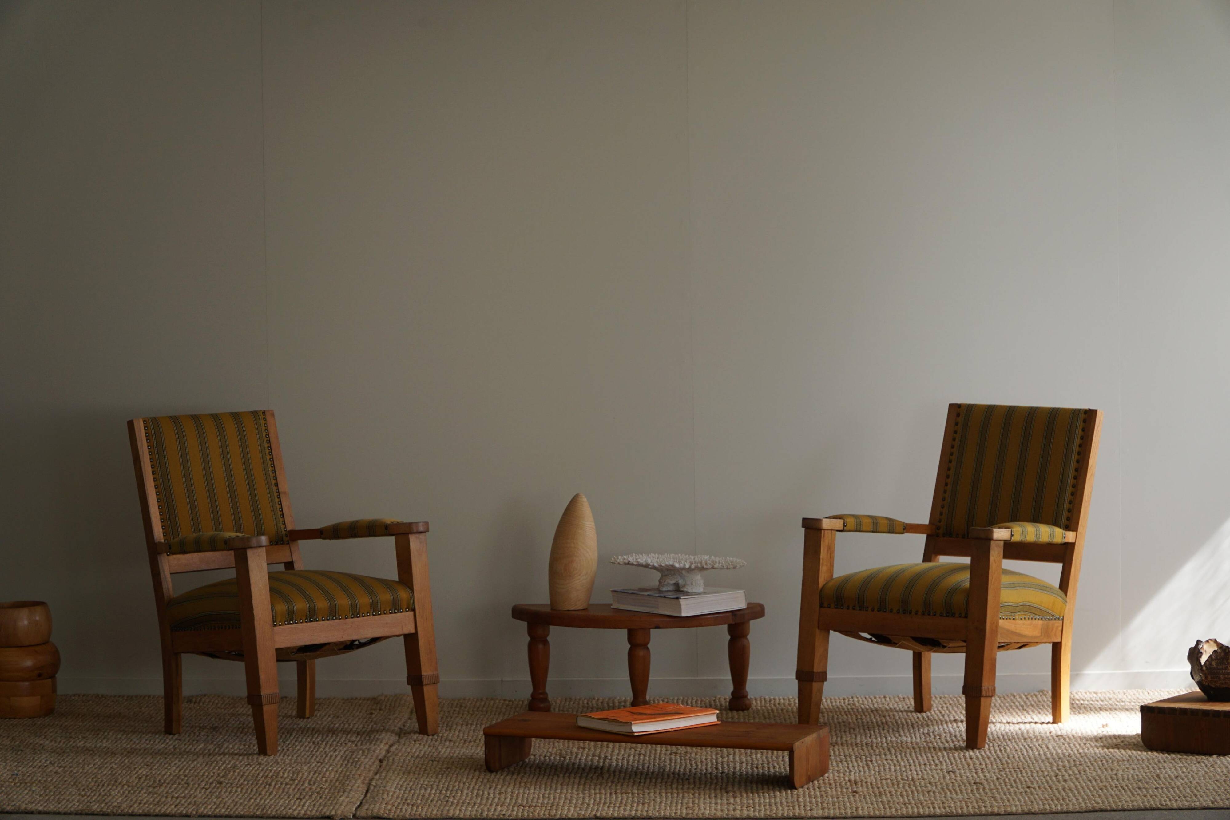 Pair of Art Deco armchairs in oak and fabric, Danish cabinetmaker, 1940s